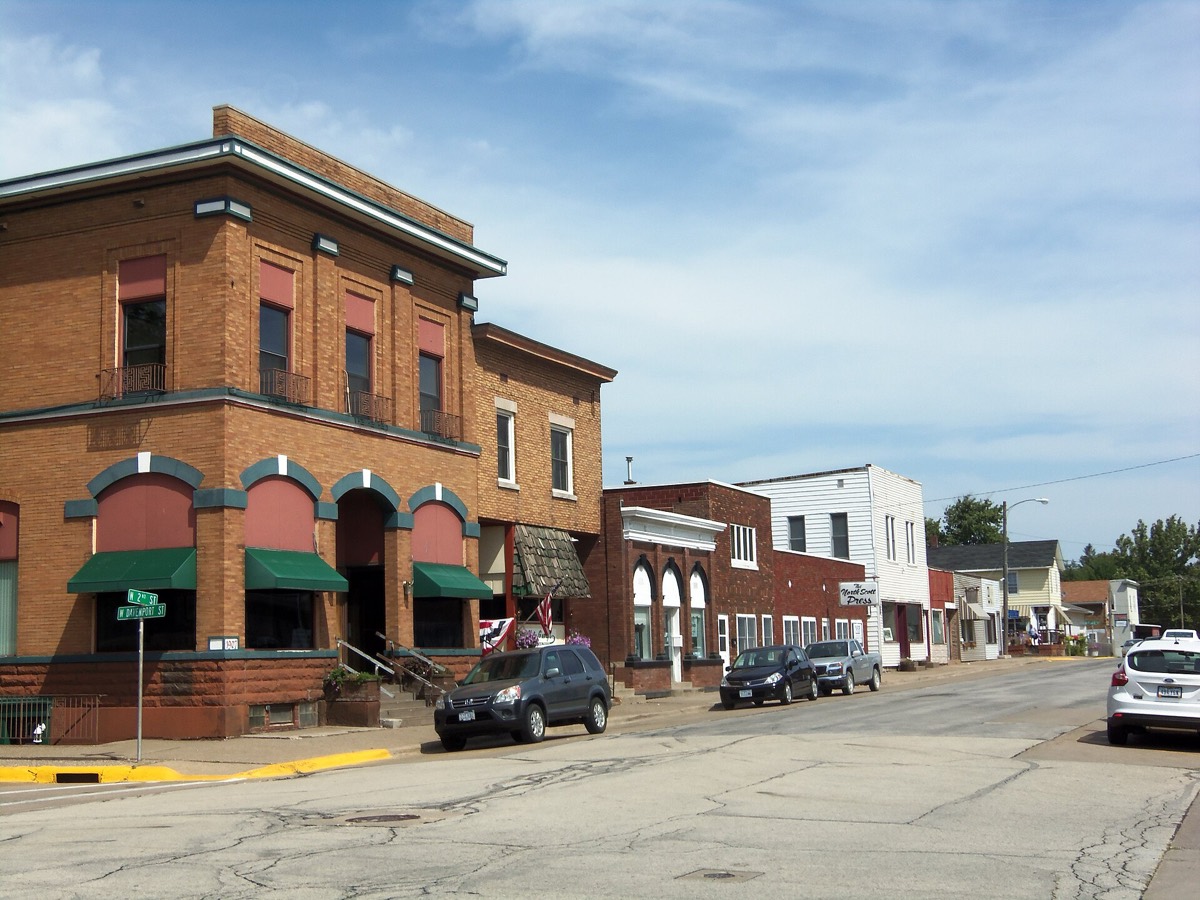 Brick storefronts in downtown Eldridge, Iowa